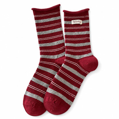 Wine red and gray striped cotton crew socks with woven label