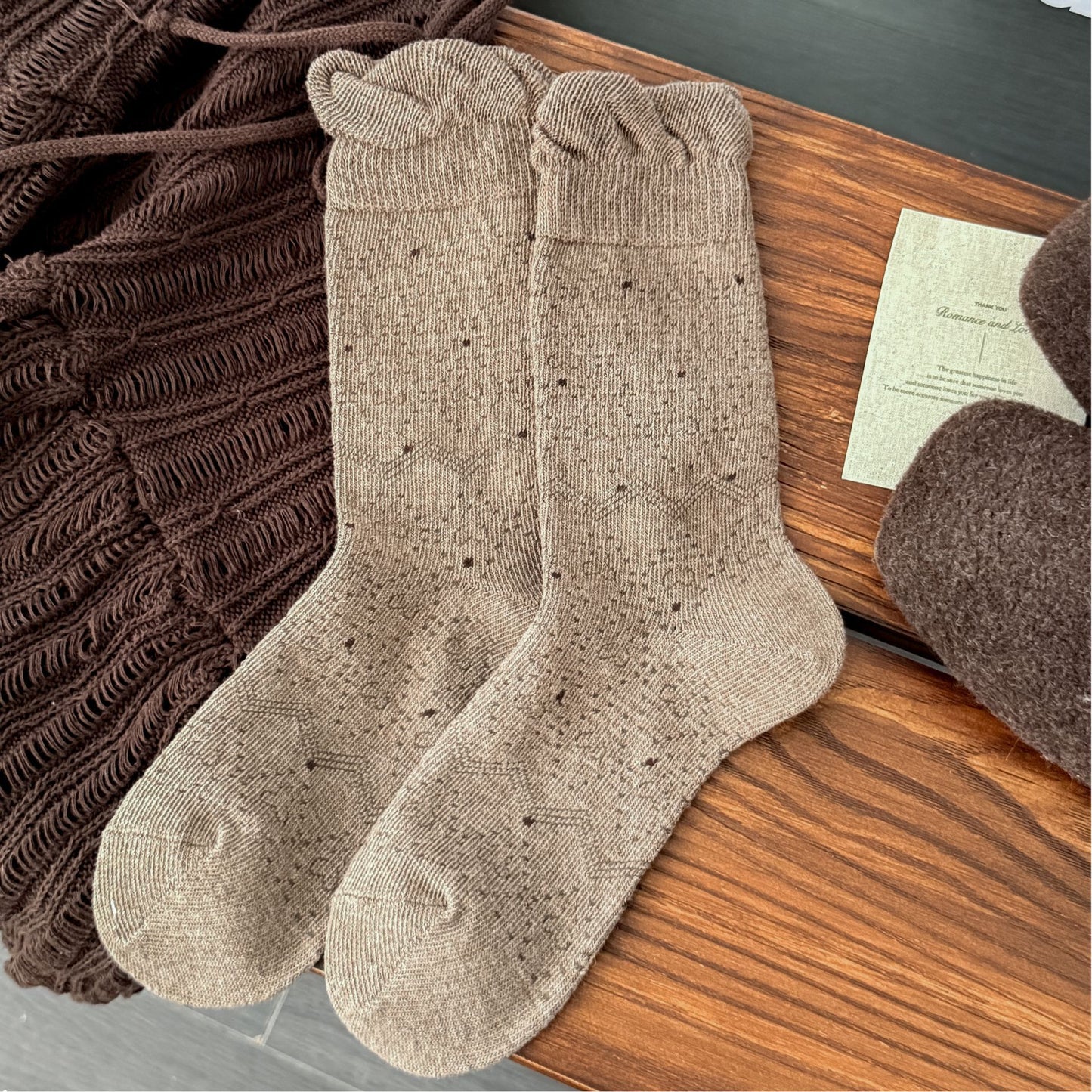 POPPY original caramel taupe polka dot ruffle socks