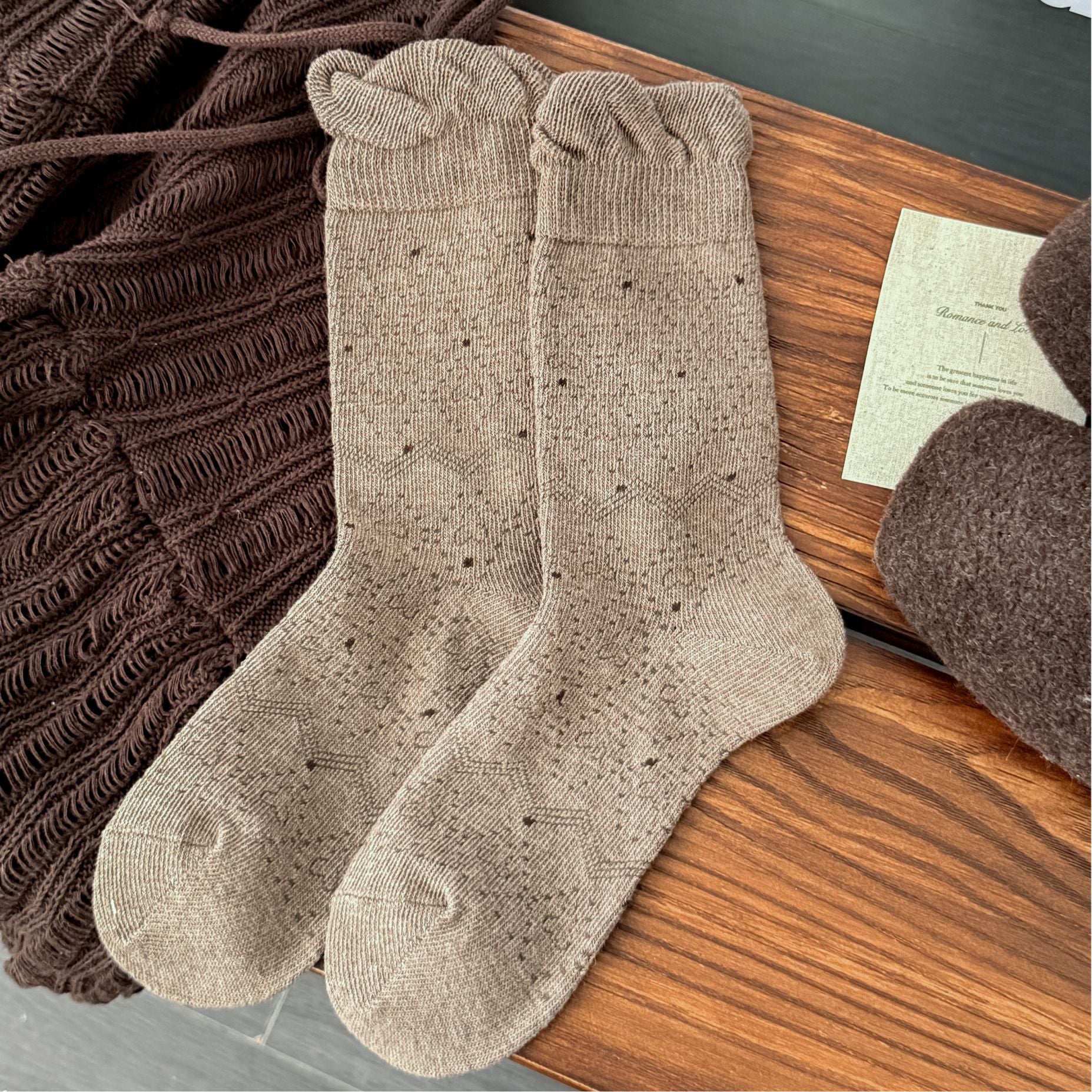POPPY original caramel taupe polka dot ruffle socks