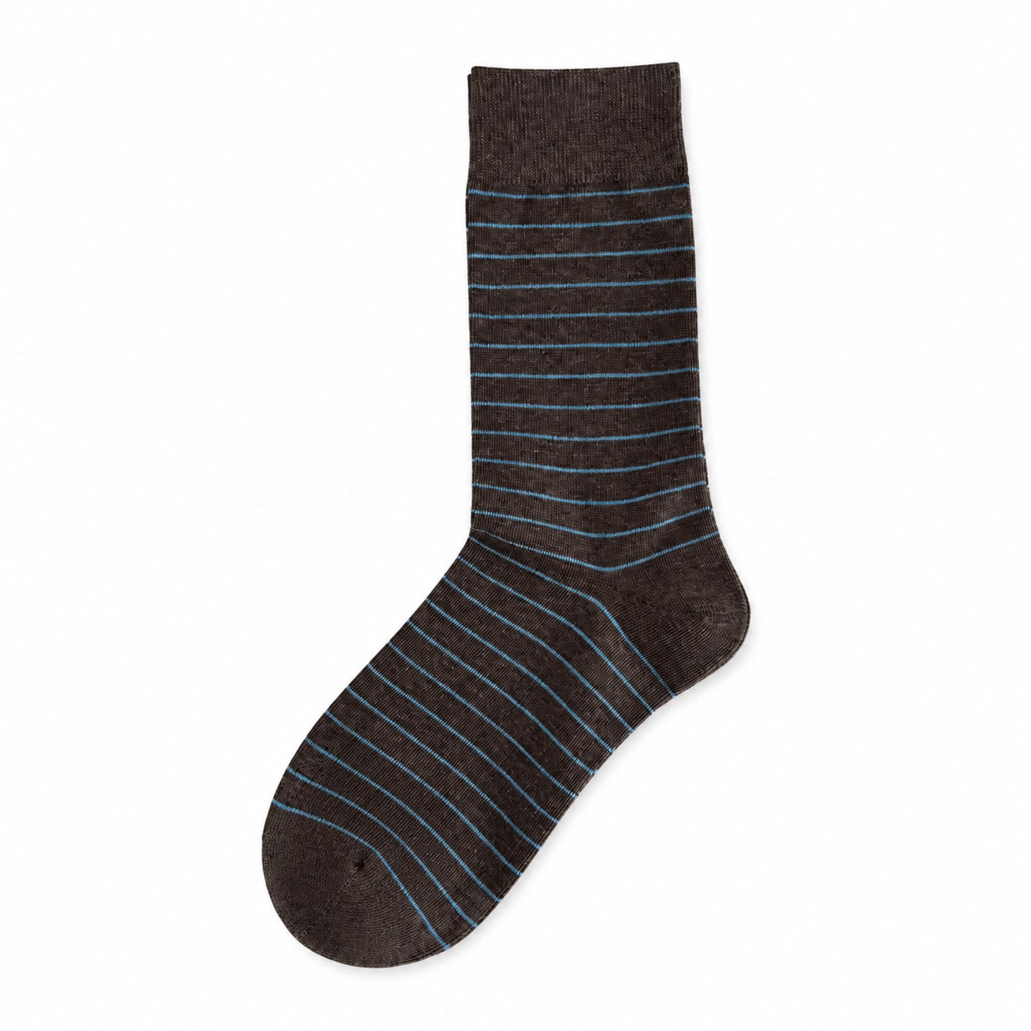 Dark coffee crew socks with fine blue stripes