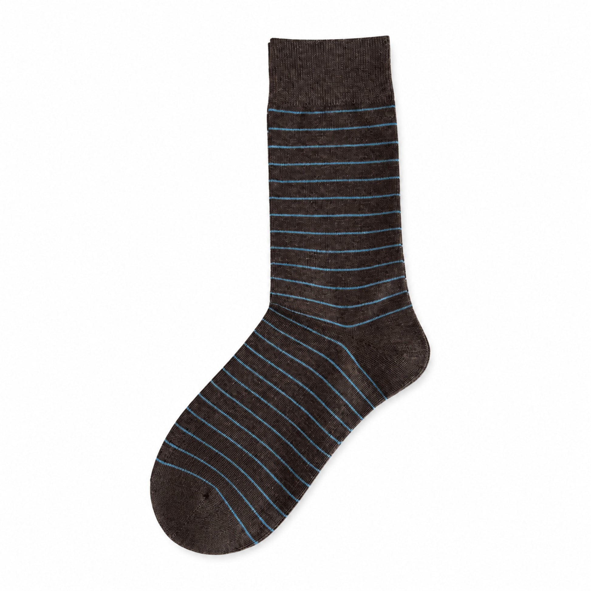 Dark coffee crew socks with fine blue stripes