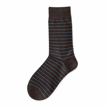 Dark coffee crew socks with fine blue stripes