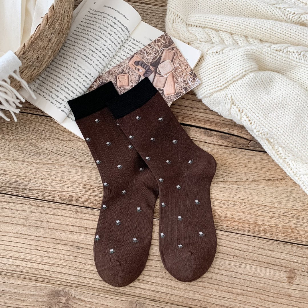 MEADOW original chocolate brown floral socks with black cuff