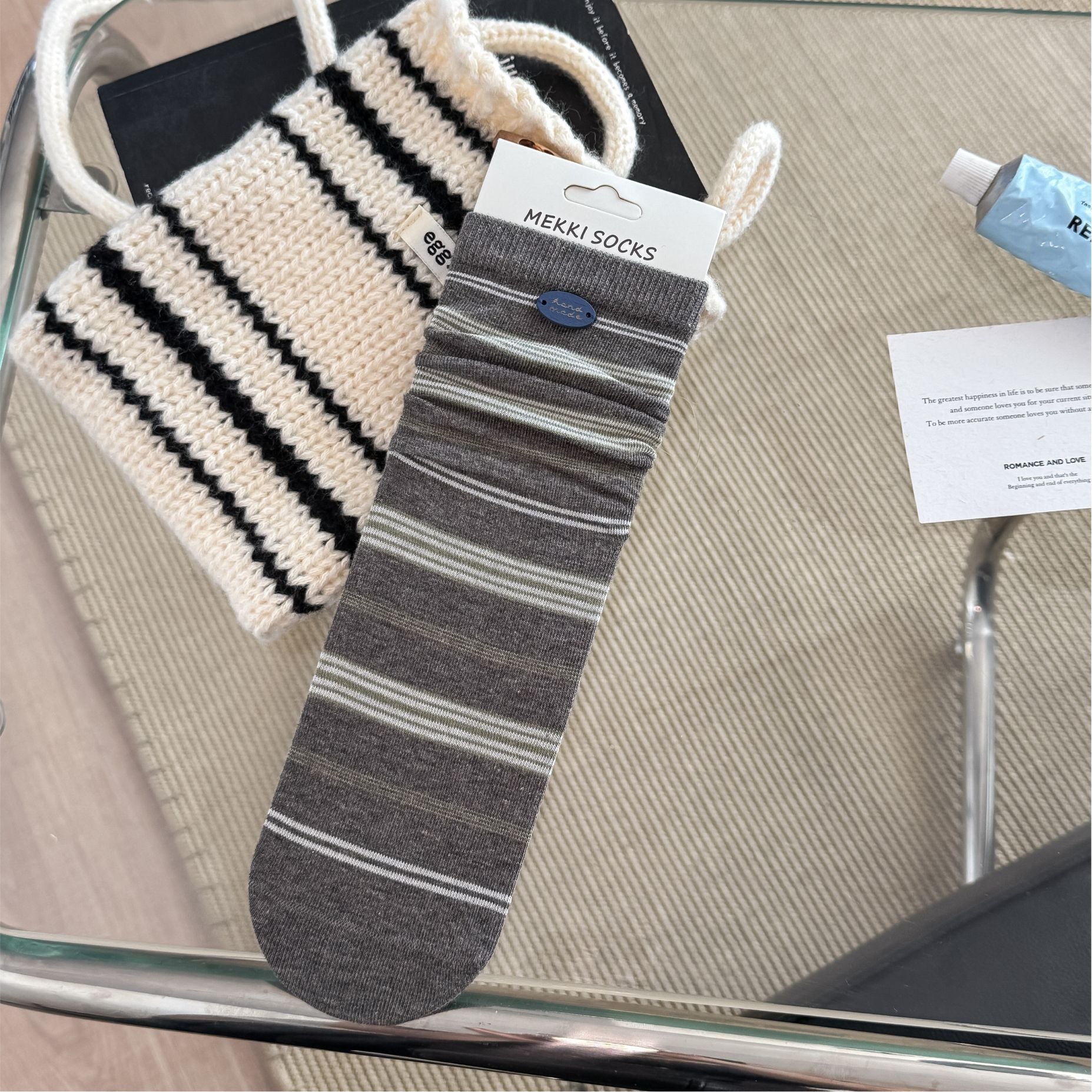 CHARM original charcoal fine-stripe socks with blue button
