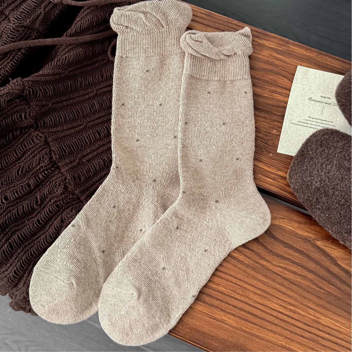 POPPY original warm beige polka dot ruffle socks