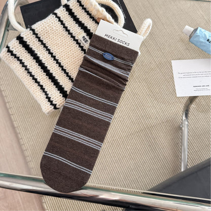 CHARM original chocolate brown fine-stripe socks with blue button