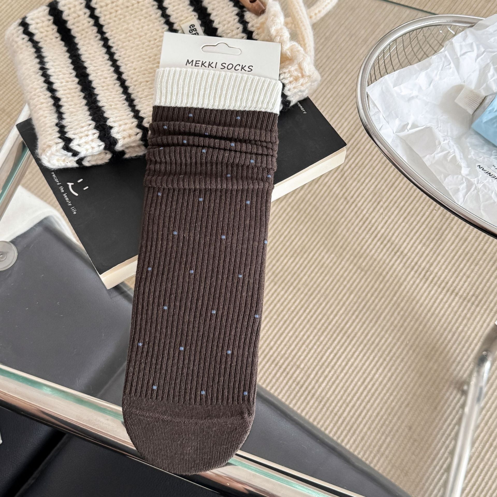 EASE original brown socks with ivory cuff and tiny dots