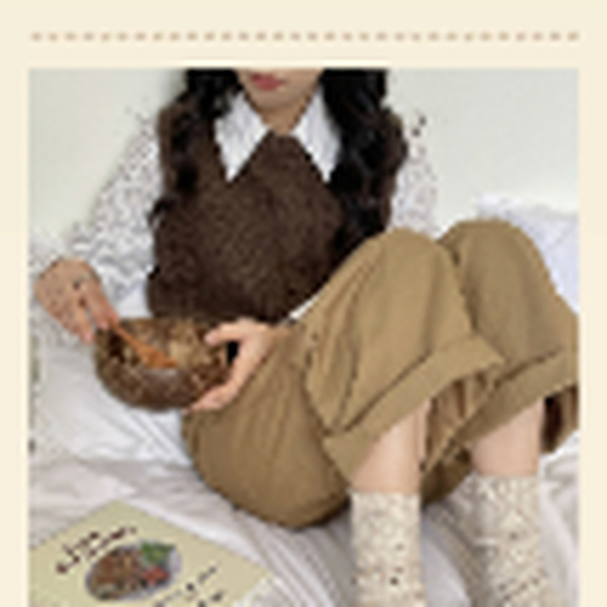 Ivory ribbed wool-blend socks styled with a layered outfit