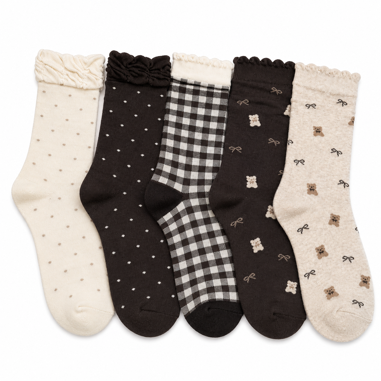 RIBBON 5-Pair Polka Dot & Bow Combed Cotton Sock Set