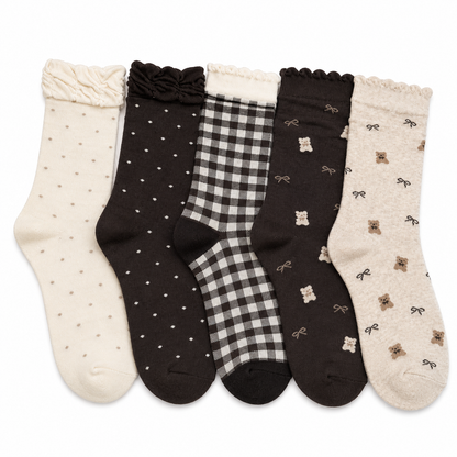 RIBBON 5-Pair Polka Dot & Bow Combed Cotton Sock Set
