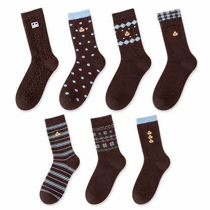 COCOA 7-Pair Blue & Brown Patterned Slouch Sock Set