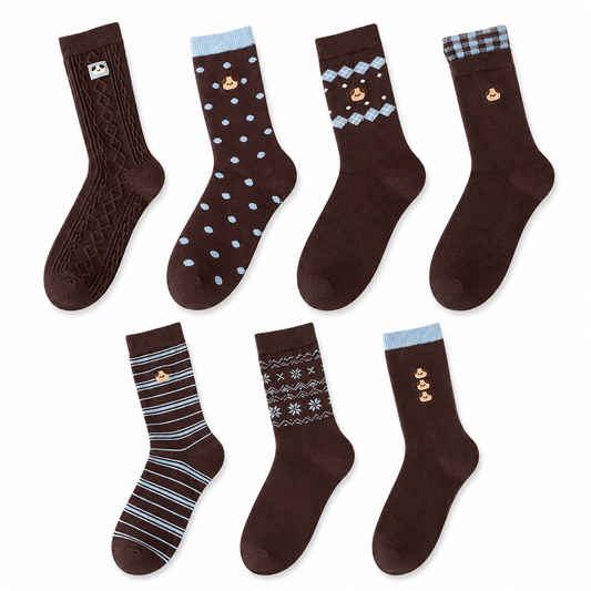 COCOA 7-Pair Blue & Brown Patterned Slouch Sock Set