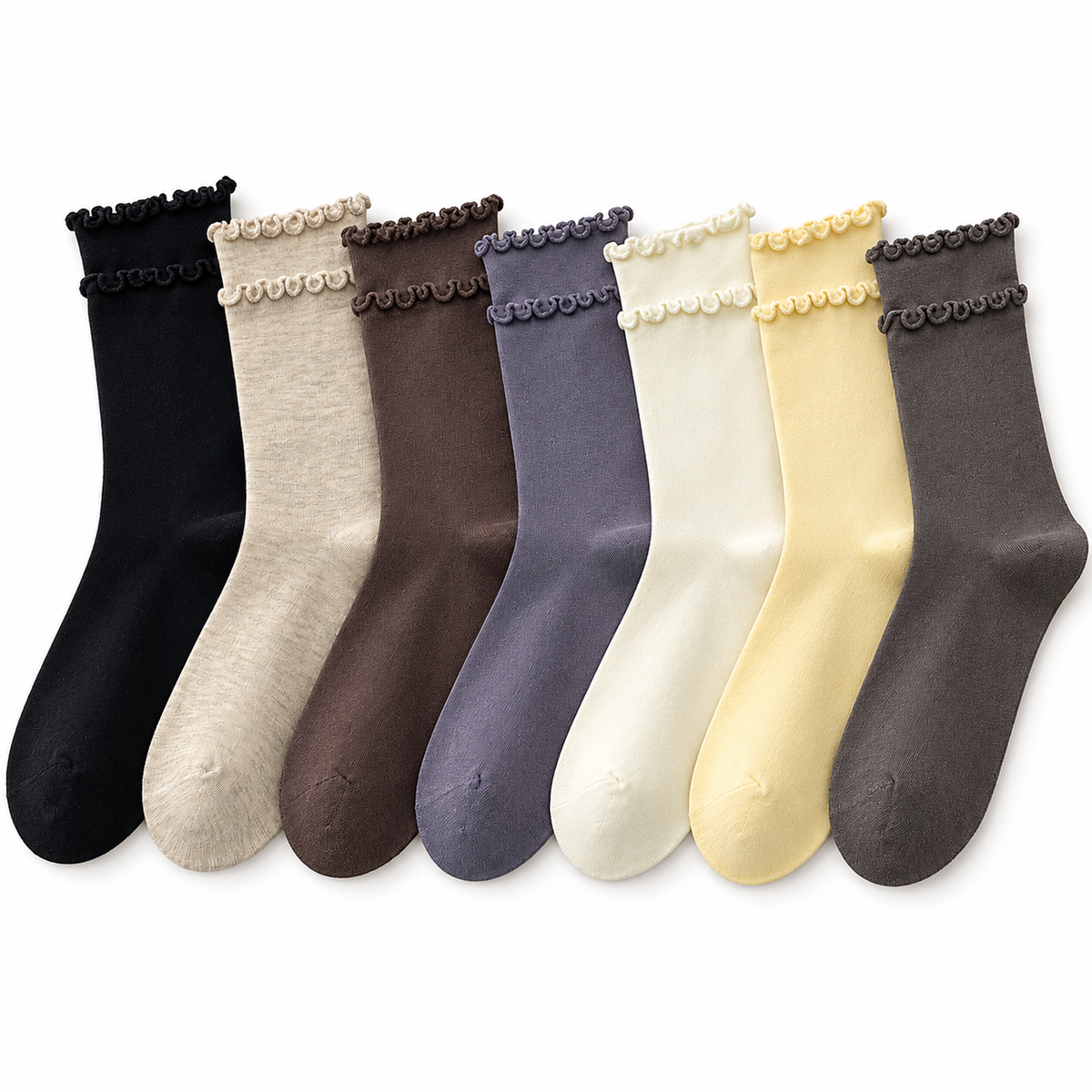 RIPPLE 7-Pair Ruffle-Trim Crew Sock Set