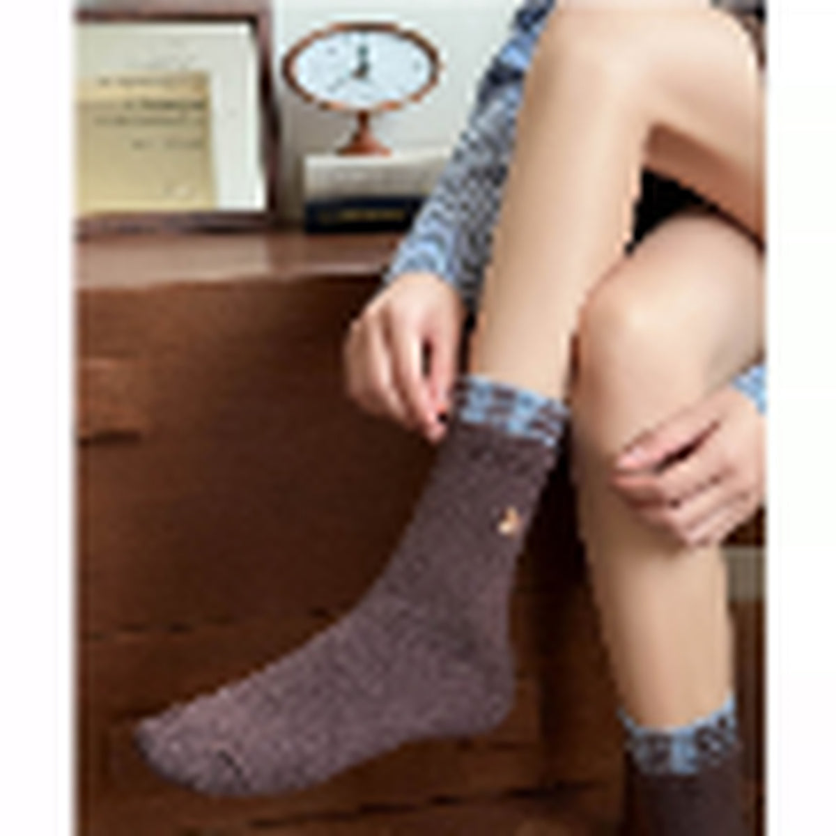 Brown crew socks styled in a casual outfit