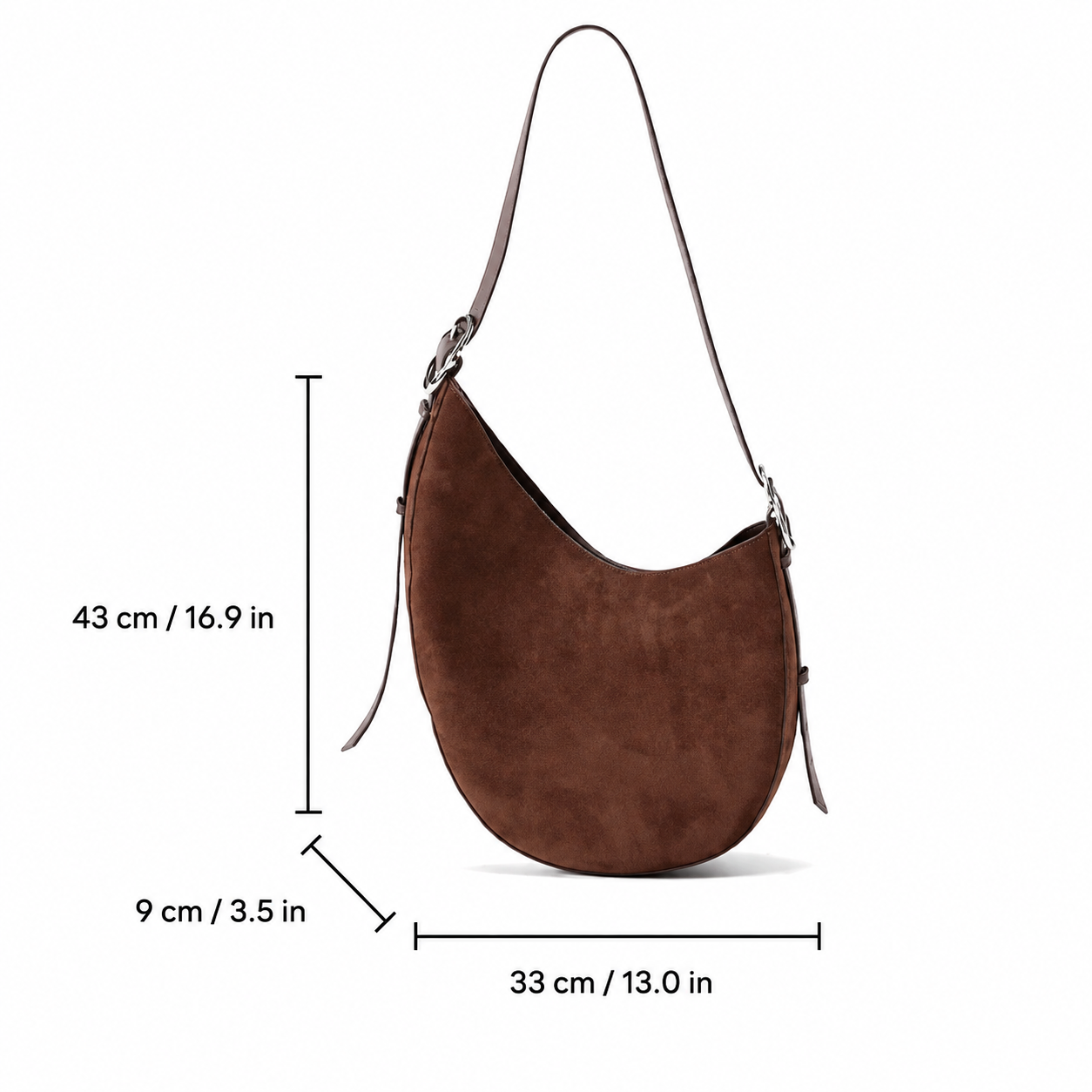 CRESCENT faux suede saddle bag size guide in centimeters and inches