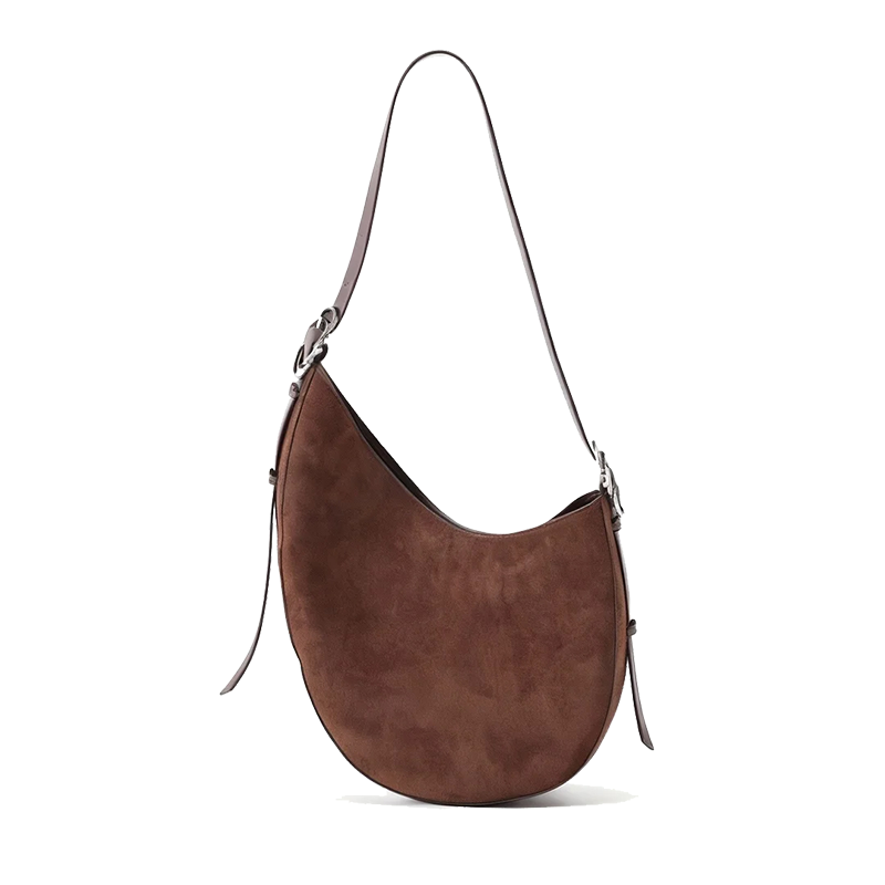 REDRINSE CRESCENT oak brown faux suede saddle bag on white background