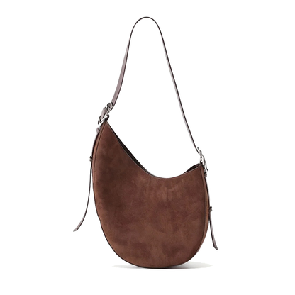 REDRINSE CRESCENT oak brown faux suede saddle bag on white background