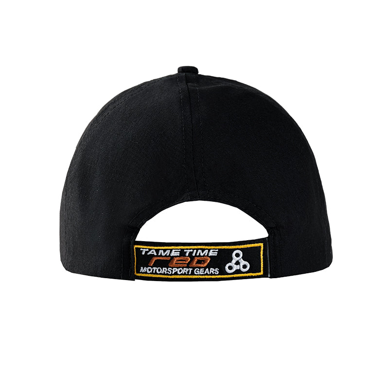 HORIZON black racing cap back view with embroidered adjustable strap