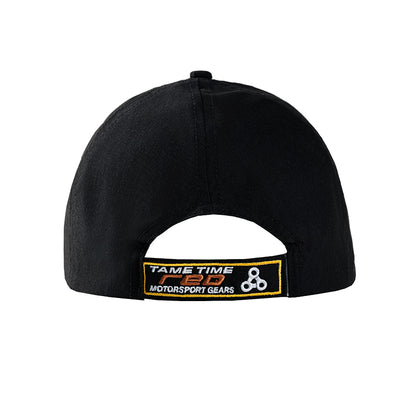 HORIZON black racing cap back view with embroidered adjustable strap