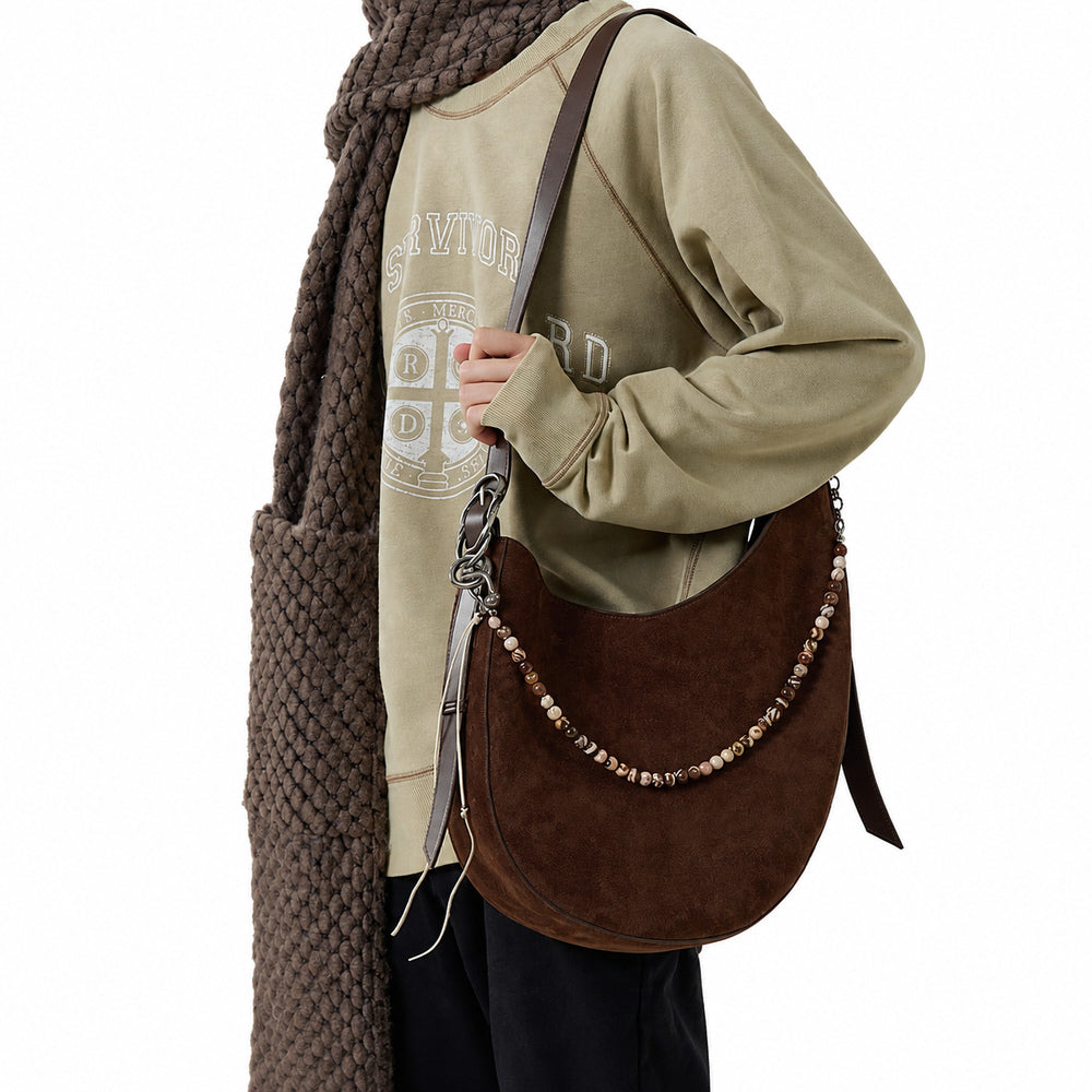 ORACLE sweatshirt styled look with scarf and bag on white background