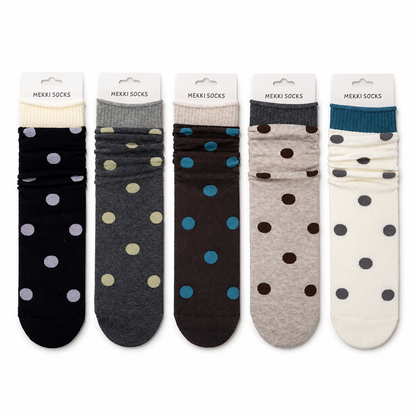 Five-pair women's polka-dot cotton slouch sock set in assorted colors
