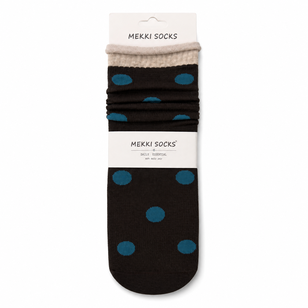 Dark-brown polka-dot cotton slouch socks with turquoise dots