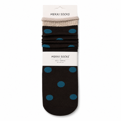 Dark-brown polka-dot cotton slouch socks with turquoise dots