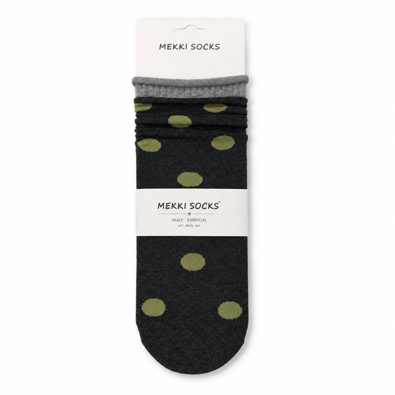 Charcoal-gray polka-dot cotton slouch socks with pale green dots