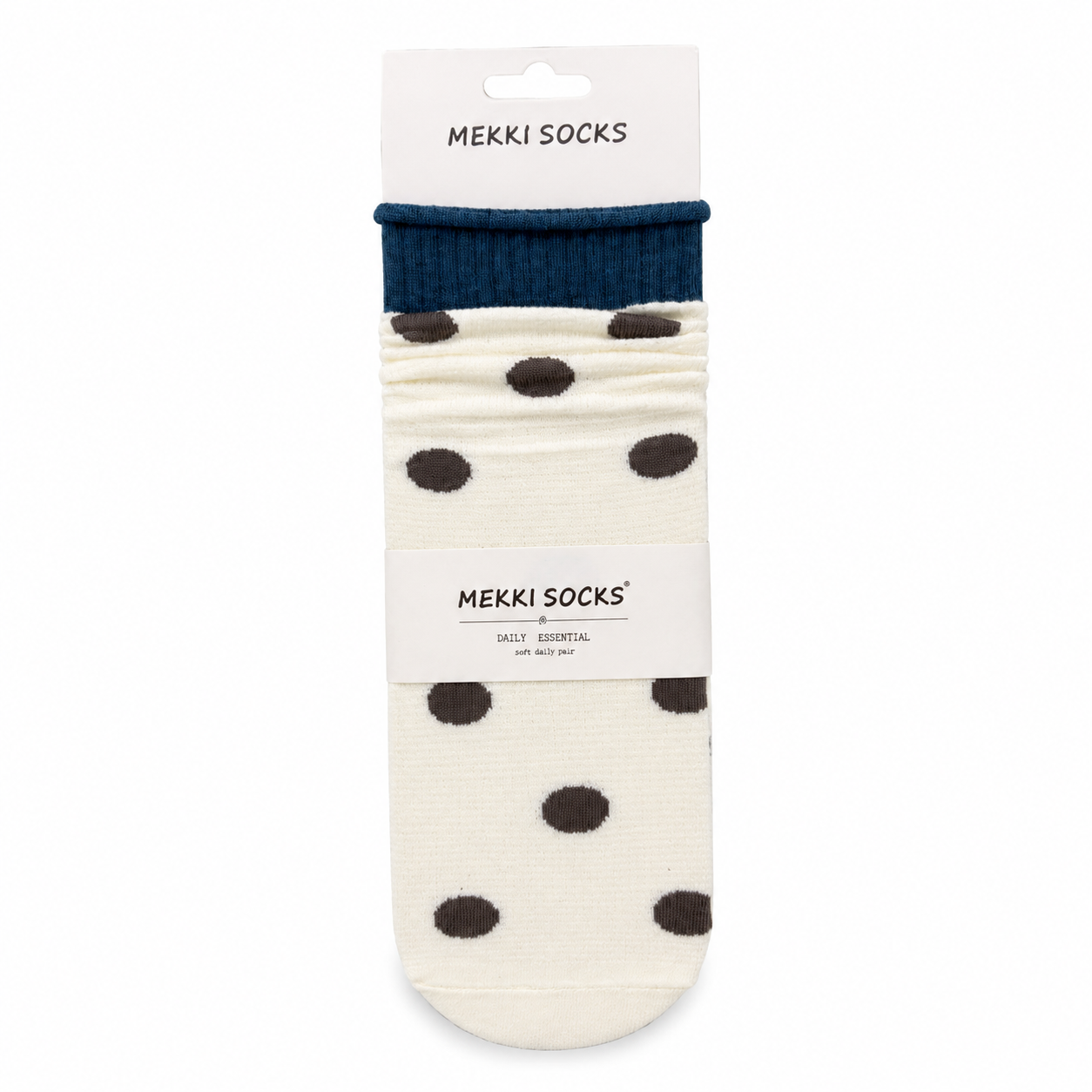 Ivory polka-dot cotton slouch socks with teal rolled cuff