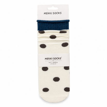 Ivory polka-dot cotton slouch socks with teal rolled cuff