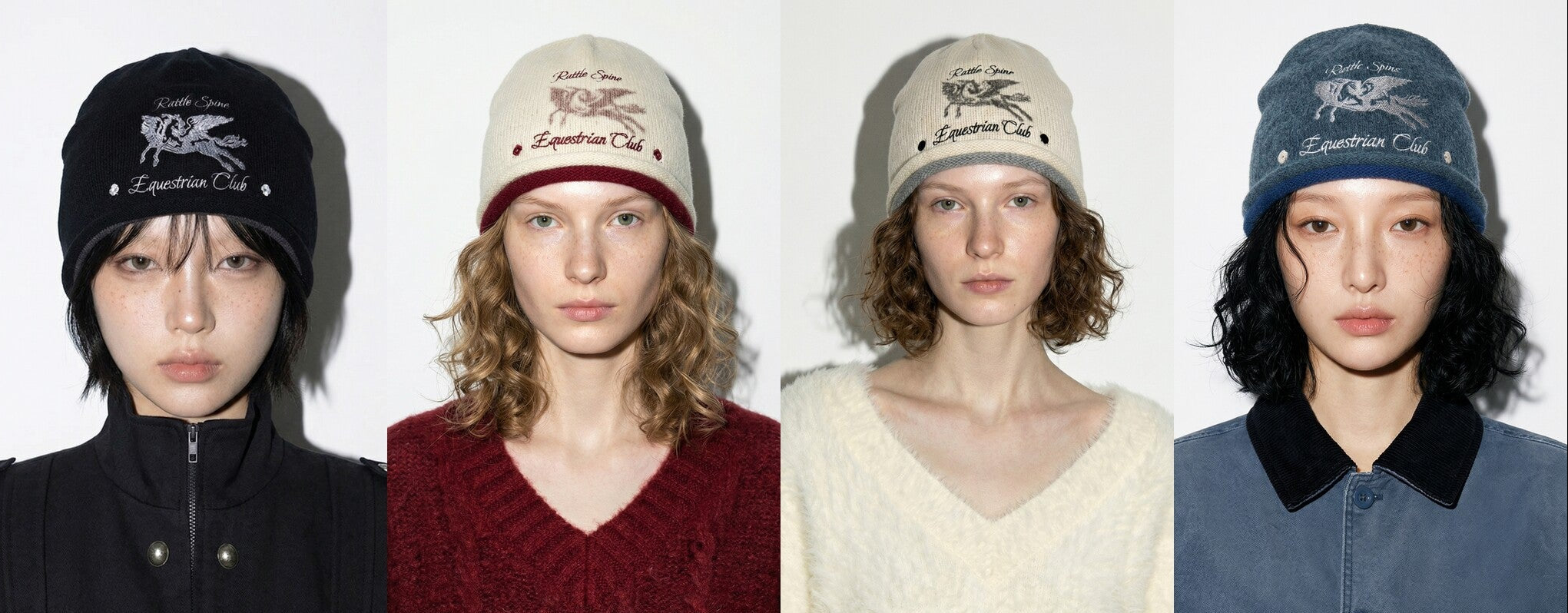 Five women styling REDRINSE equestrian knit beanies in vintage neutral and washed streetwear looks