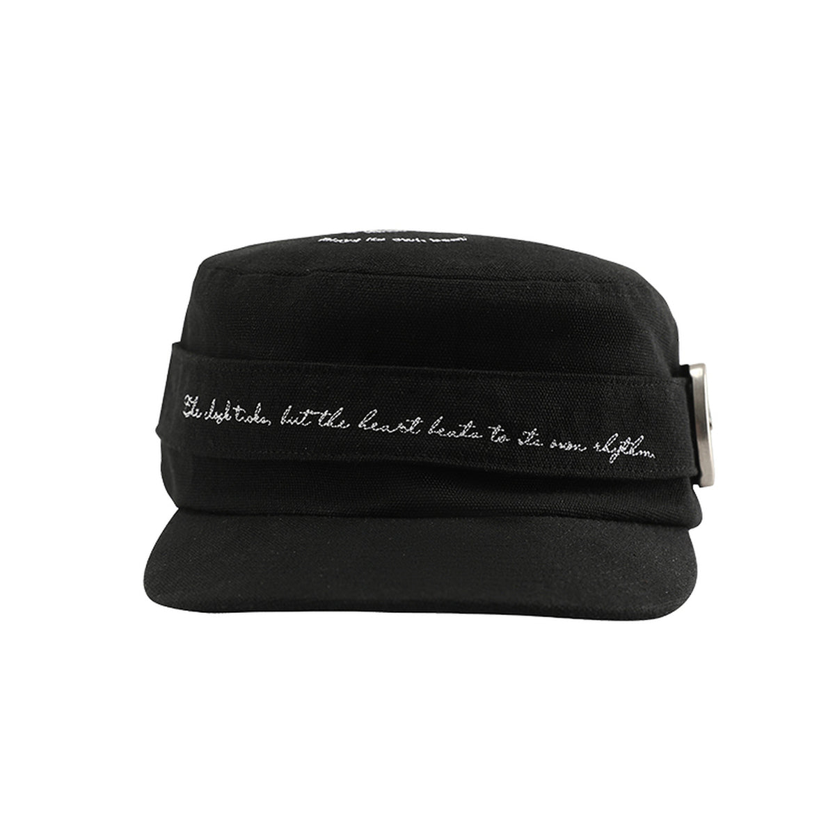 RHYTHM black embroidered flat-top cap front view
