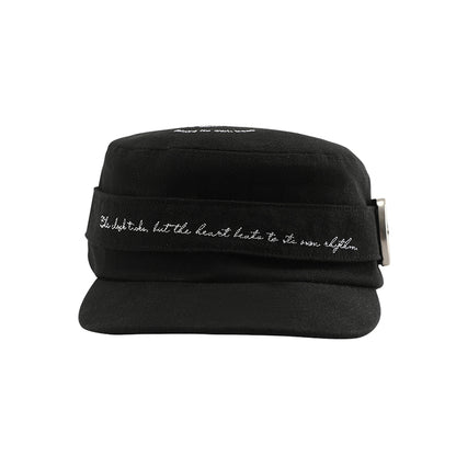 RHYTHM black embroidered flat-top cap front view