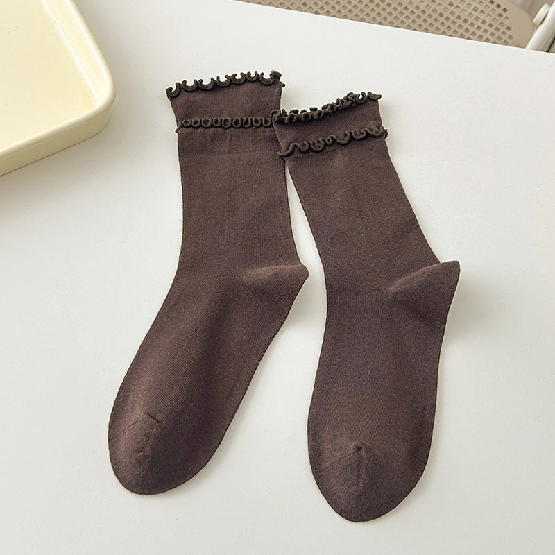 Brown ruffle-trim crew socks