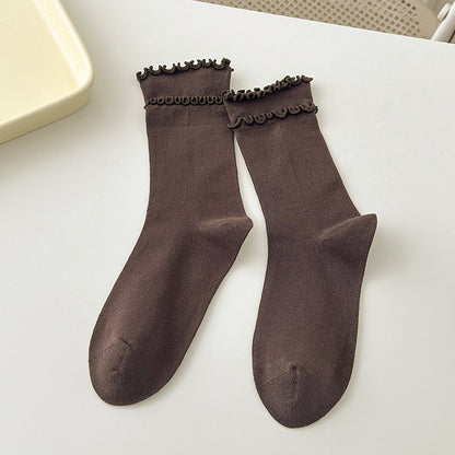 Brown ruffle-trim crew socks