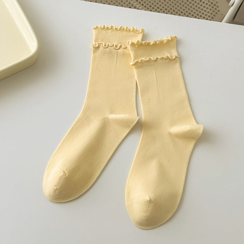 Butter yellow ruffle-trim crew socks