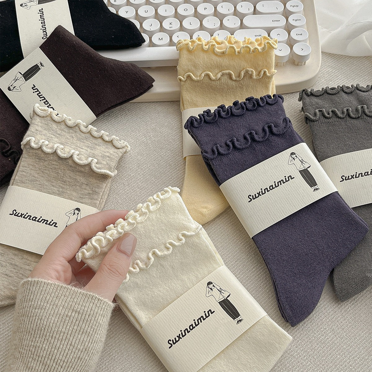 Ruffle-trim crew sock set in neutral and pastel colors