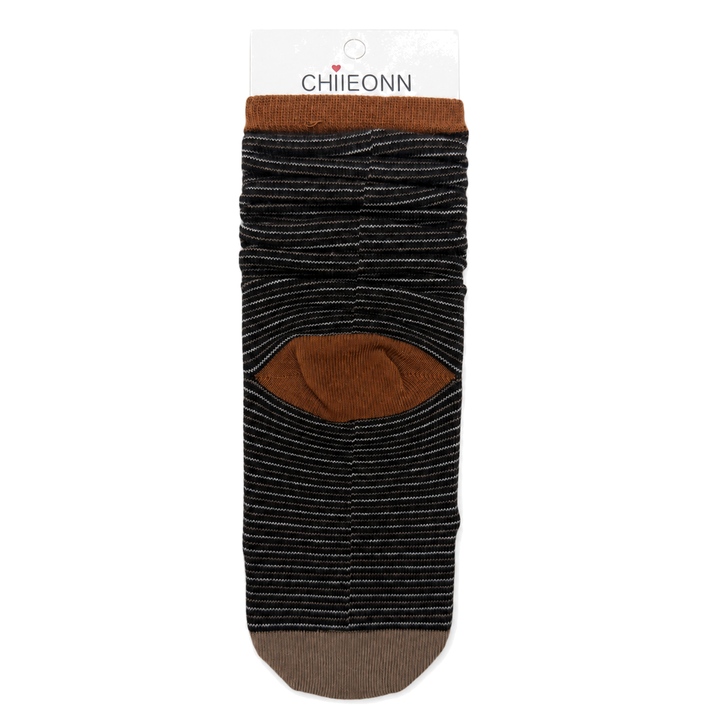 Black micro-stripe sock with tan contrast details on pure white