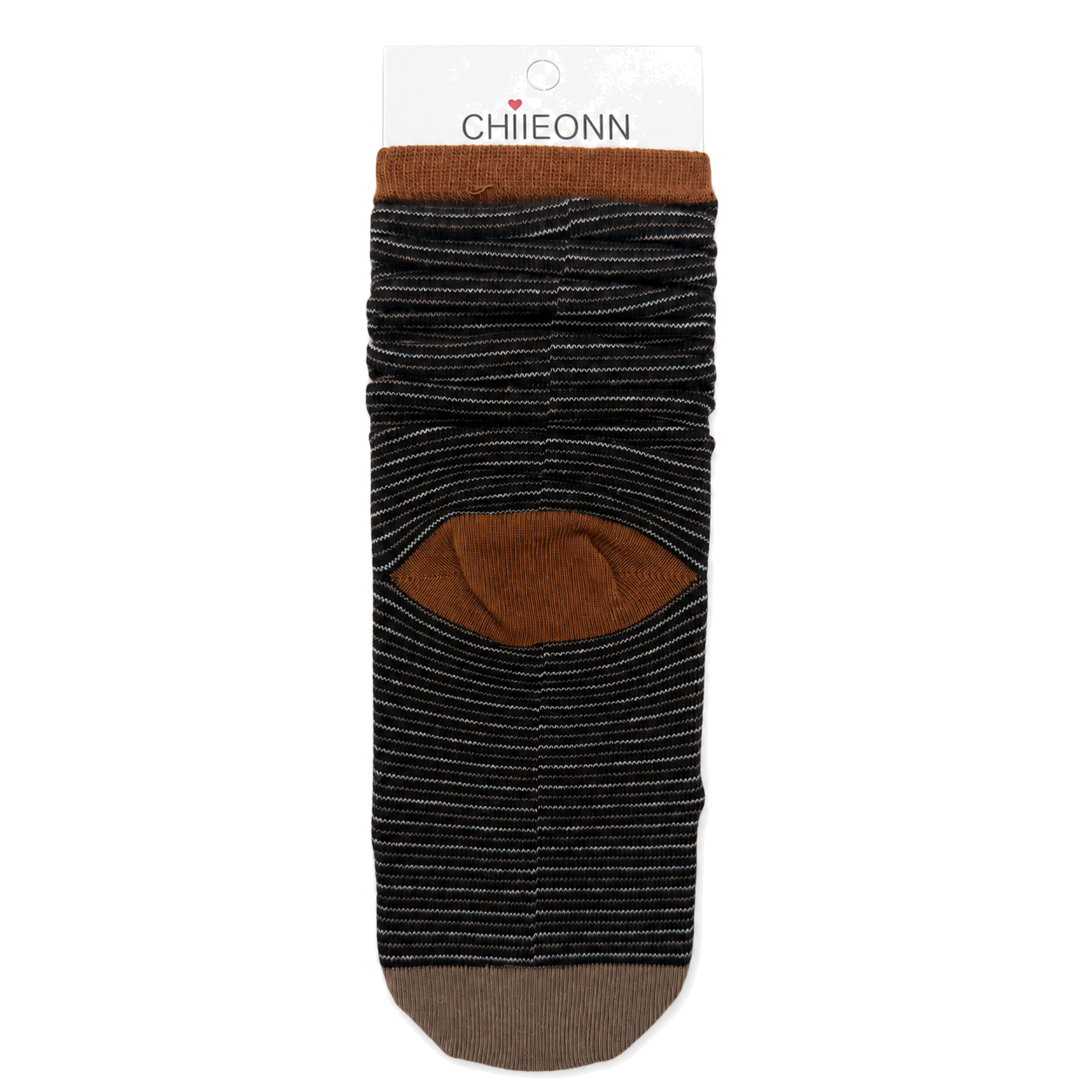 Black micro-stripe sock with tan contrast details on pure white