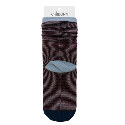 Burgundy micro-stripe sock with light blue contrast details on pure white