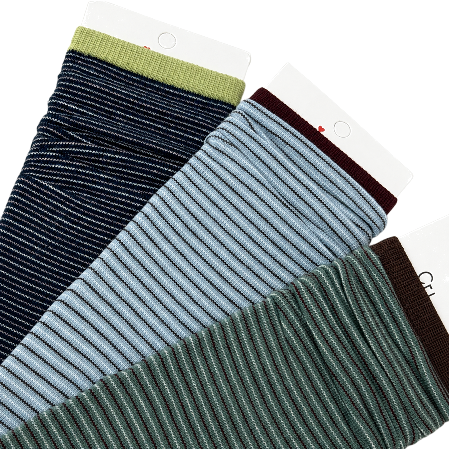 Close-up of navy, light blue and green striped socks on pure white