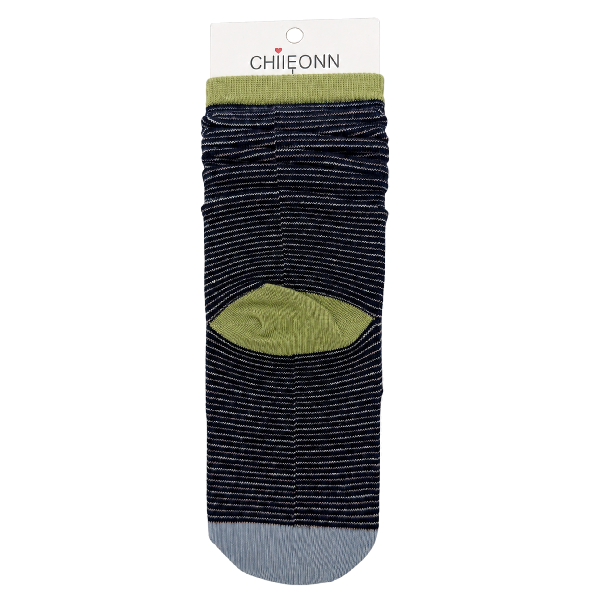 Navy micro-stripe sock with lime contrast details on pure white