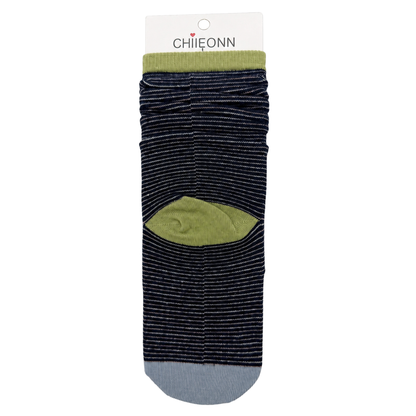 Navy micro-stripe sock with lime contrast details on pure white